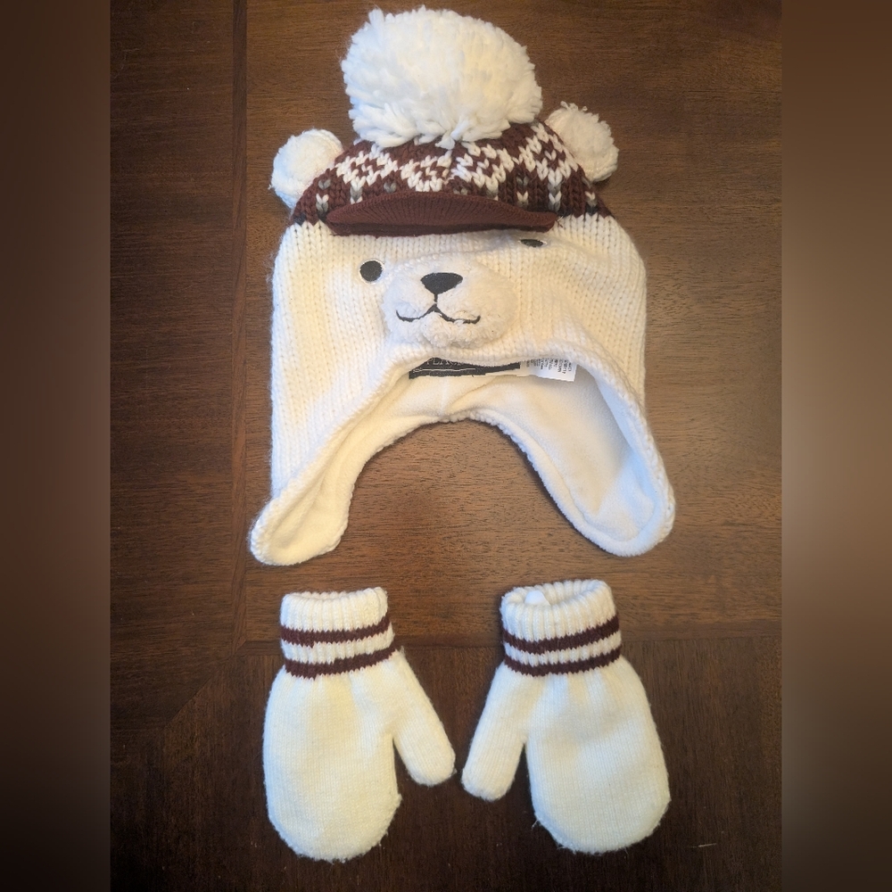 The Children's Place Cream & Brown Bear Knit Hat and Mittens Set